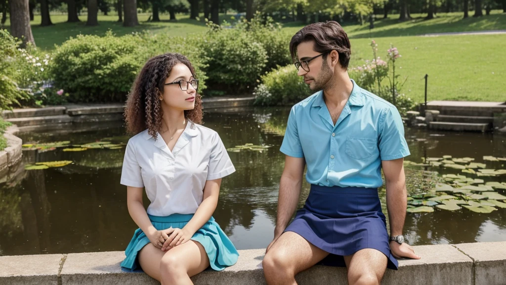 (best quality)), ((masterpiece)), (detailed) Two people are sitting in an empty park, a doctor man age 35 is sitting next to a call girl in a short skirt. In front of a pond, the girl has curly hair down to her waist, the man is wearing fair rimless glasses. Both of them have blue eyes.