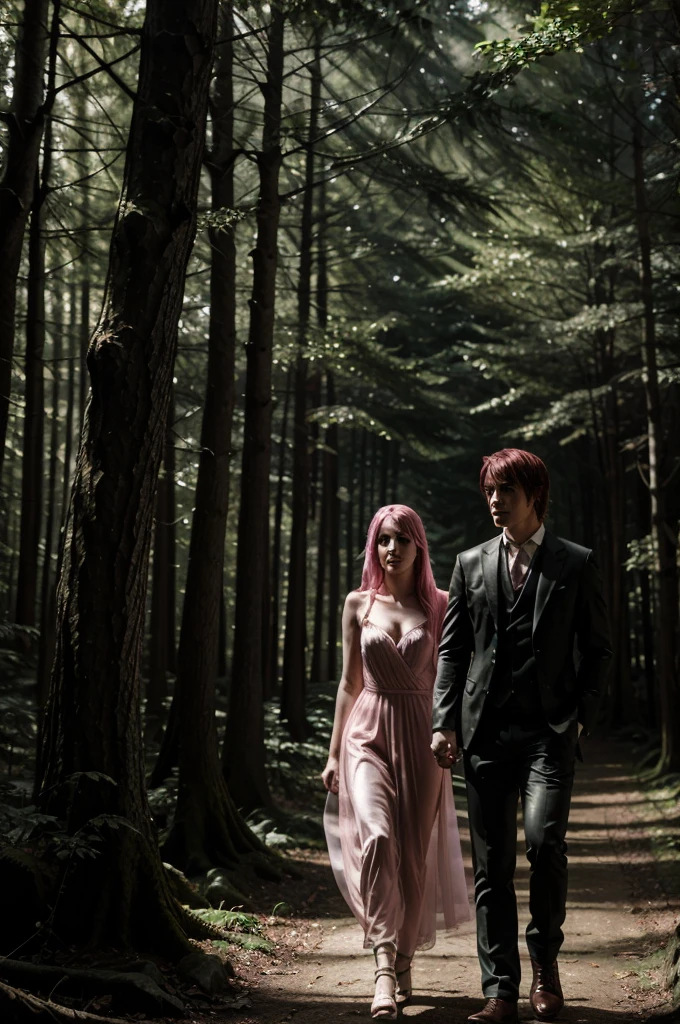 Damon Salvatore and a pink hair girl  Damila walk hand in hand through a dense, misty forest. Damon's skin glistens faintly in the dappled sunlight breaking through the trees, highlighting his vampire nature. Damla, with her light pink hair and pale complexion, looks up at Damon with admiration and trust. They share a quiet, intimate moment surrounded by the serene beauty of the forest, reminiscent of Edward and Bella's iconic forest scenes.

