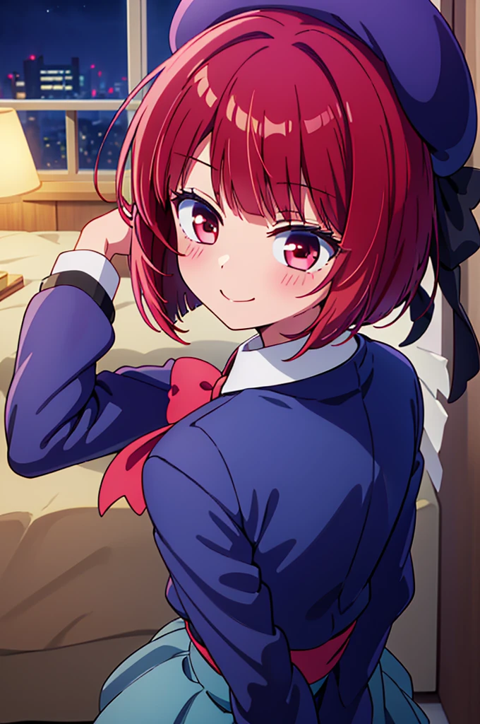 ((masterpiece)), ((best quality)), (ultra-detailed), ((kawaii)), cute, (lovely),(gleaming skin),from directly above,looking up at viewer, very close to viewers, view straight on, light blush, Wariza, ((seductive smile)), arima kana,aakana,red hair, short hair, ((hollow eyes)), beret, red eyes, blue headwear, red bowtie, collared shirt, blue jacket, open jacket, long sleeves, grey skirt,black thigh high socks,night,hotel room