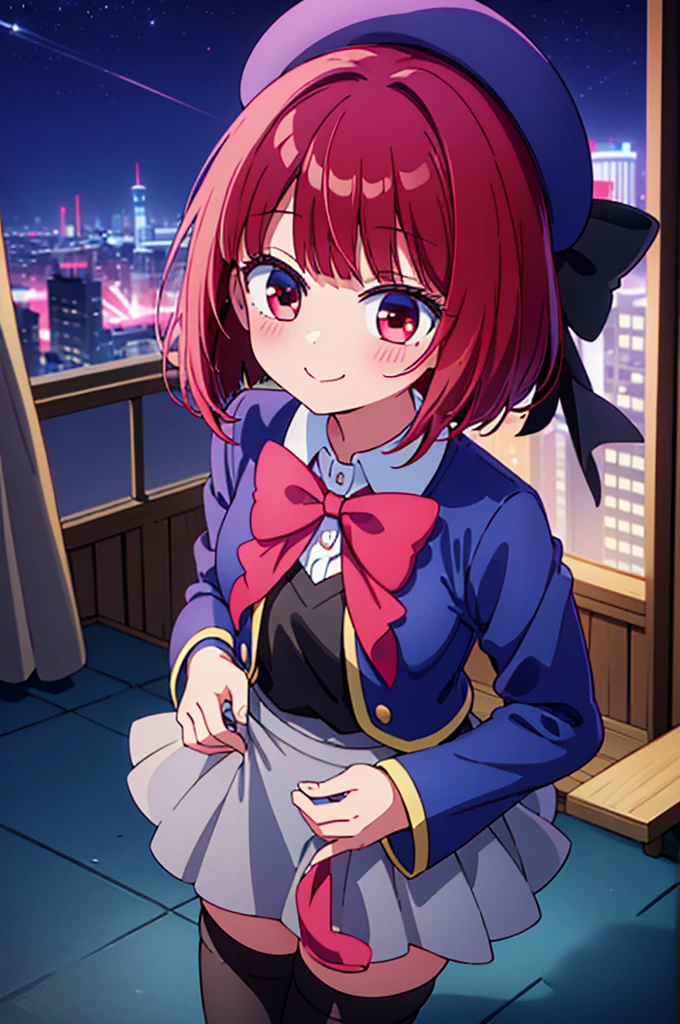 ((masterpiece)), ((best quality)), (ultra-detailed), ((kawaii)), cute, (lovely),(gleaming skin),from directly above,looking up at viewer, very close to viewers, view straight on, light blush, Wariza, ((seductive smile)), arima kana,aakana,red hair, short hair, ((hollow eyes)), beret, red eyes, blue headwear, red bowtie, collared shirt, blue jacket, open jacket, long sleeves, grey skirt,black thigh high socks,night,hotel room