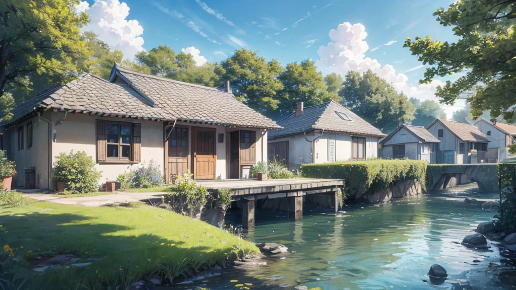 a magical scene of a simple house with flower pots nearby, on top of a hill on the edge of a river. Sunny sky and distant birds flying.