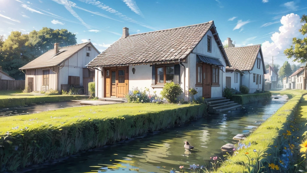 a magical scene of a simple house with flower pots nearby, on top of a hill on the edge of a river. Sunny sky and distant birds flying.