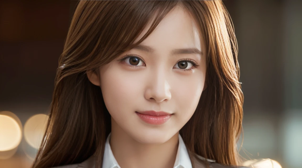table top, highest quality, realistic, Super detailed, finely, High resolution, 8k wallpaper, 1 beautiful woman,, light brown messy hair, wearing a business suit, sharp focus, perfect dynamic composition, beautiful and detailed eyes, thin hair, Detailed realistic skin texture, smile, close-up portrait, model body shape