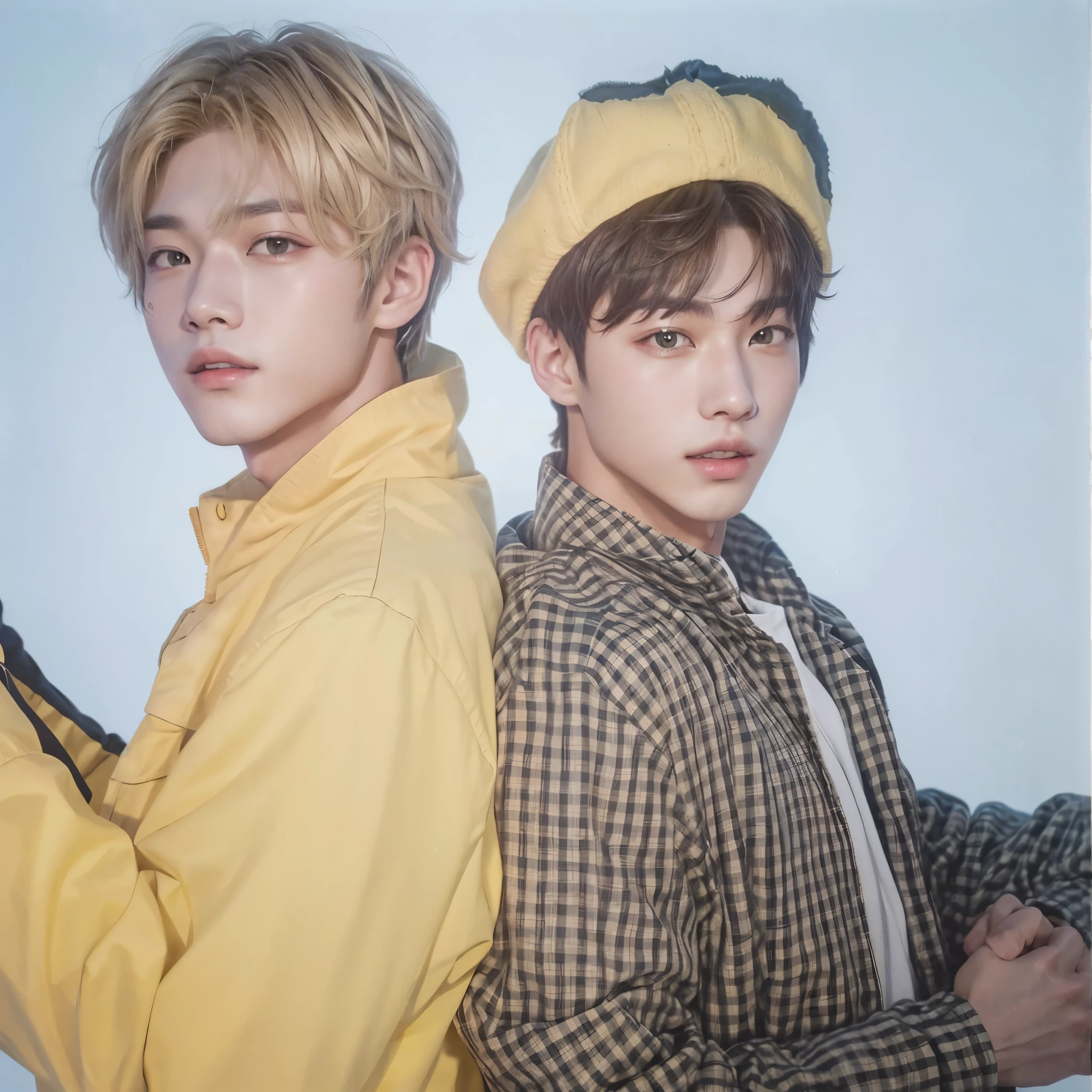 two boys in yellow jackets and hats posing for a photo, nixeu and Sakimichan, BTS, all from the group nct, colorful photo, high quality scan, with yellow cloths, megascans, colorful photo dos anos 90, magazine scanning, uhigh quality scan, They are close to each other, Sakimichan, yellowish