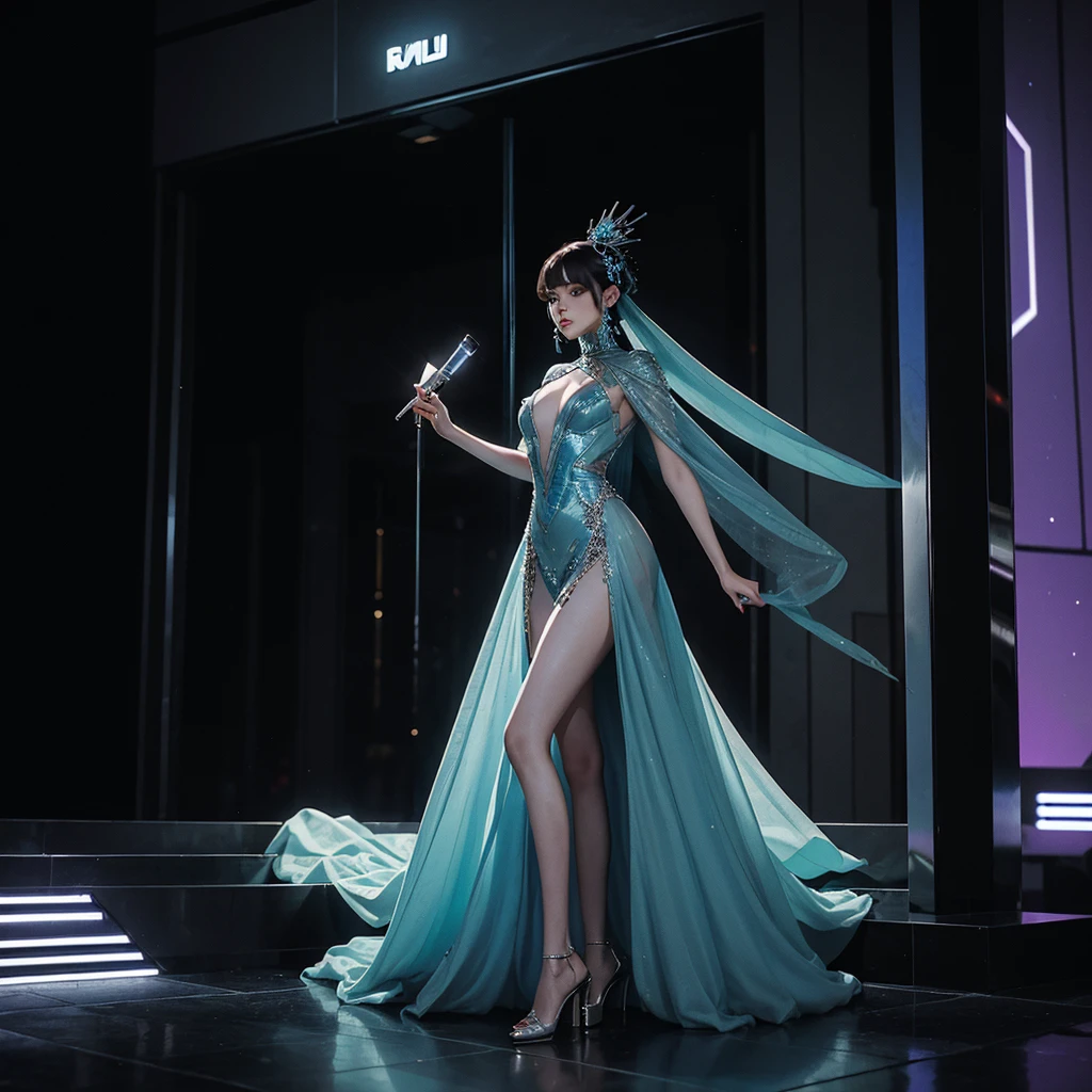 Female alien disco diva, wearing couture architectural dress inspired by galactic concept at the Metropolitan gala, fashion statement, gala entrance, photography.