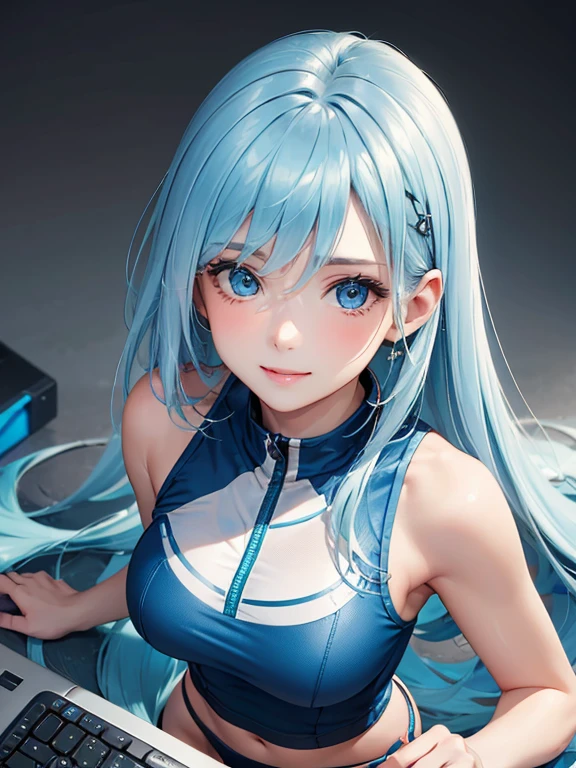 (Best Quality,high resolution,8k,detailed finiteness background,Masterpiece:1.2),beautiful girl,Bright light blue hair,messy hair,light blue eyes,gentle look,A refreshing look,Best Quality,Best Quality,Aesthetics and aesthetics:1.2,better details((super detailed))(Computer generated illustrations in high definition),Sleeveless,Workout clothes,Skinny body,playground,SMILE,blush,beautiful,gorronear,seeking out,be pampered,super model,Shoot from above