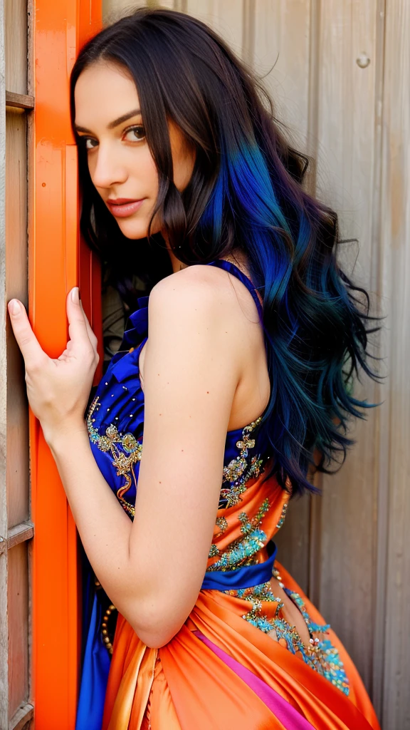 hyper realistic, a close up of a woman in a colorful dress leaning against a wall, beautiful dress, fantasy dress, extravagant dress, magical dress, stunning dress, dressed beautiful gown, gorgeous colors, stunning colors, wearing a magnificent dress, colorful dress, beautiful gown, blue and orange, beautiful and colorful, long flowing intricate dress, beautiful detailed dress, blue and orange tones