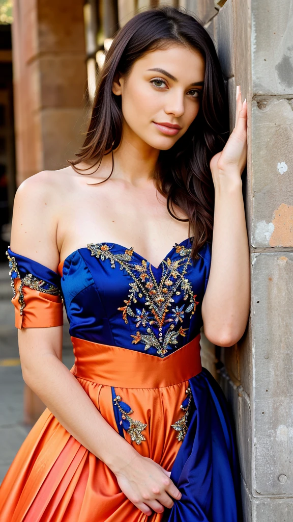 hyper realistic, a close up of a woman in a colorful dress leaning against a wall, beautiful dress, fantasy dress, extravagant dress, magical dress, stunning dress, dressed beautiful gown, gorgeous colors, stunning colors, wearing a magnificent dress, colorful dress, beautiful gown, blue and orange, beautiful and colorful, long flowing intricate dress, beautiful detailed dress, blue and orange tones