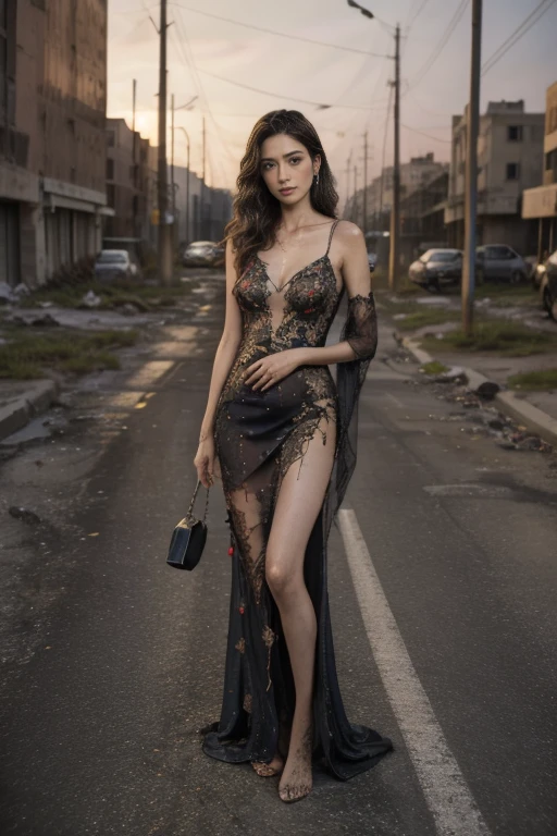 Dramatic，movie style，Original Photography，Reality，Full body portrait，Night view of war-torn ruins，Dirty street corner，parched，一個beauty的女人，Perfect body，Hiding in the corner，((Tattered embroidered evening gown:1.3))，Hole，Messy，dirty，beauty，Long slender legs