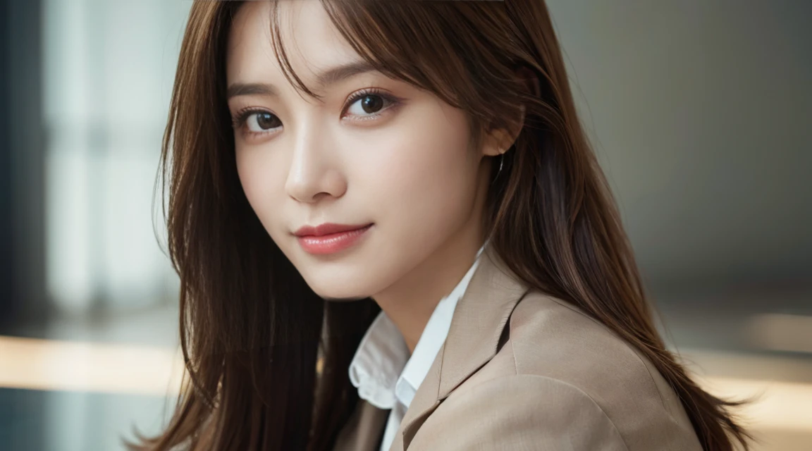 table top, highest quality, realistic, Super detailed, finely, High resolution, 8k wallpaper, 1 beautiful woman,, light brown messy hair, wearing a business suit, sharp focus, perfect dynamic composition, beautiful and detailed eyes, thin hair, Detailed realistic skin texture, smile, close-up portrait, model body shape