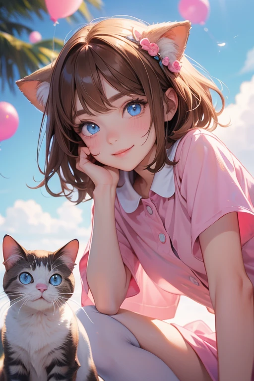 Small Caucasian with blue eyes and brown hair. Wears a pink cat outfit and is smiling