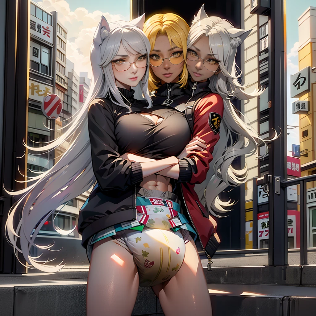 1girl, mature woman, dark skin, yakuza girl, open jacket, small breasts, abs, sunglasses, wolf ears, wolf tail, jacket, yellow eyes, grey hair, city, (2heads:1.3), absurdres, high quality, masterpiece, beautiful background, arms crossed, dynamic pose, beautiful face, (diaper:1.3), 