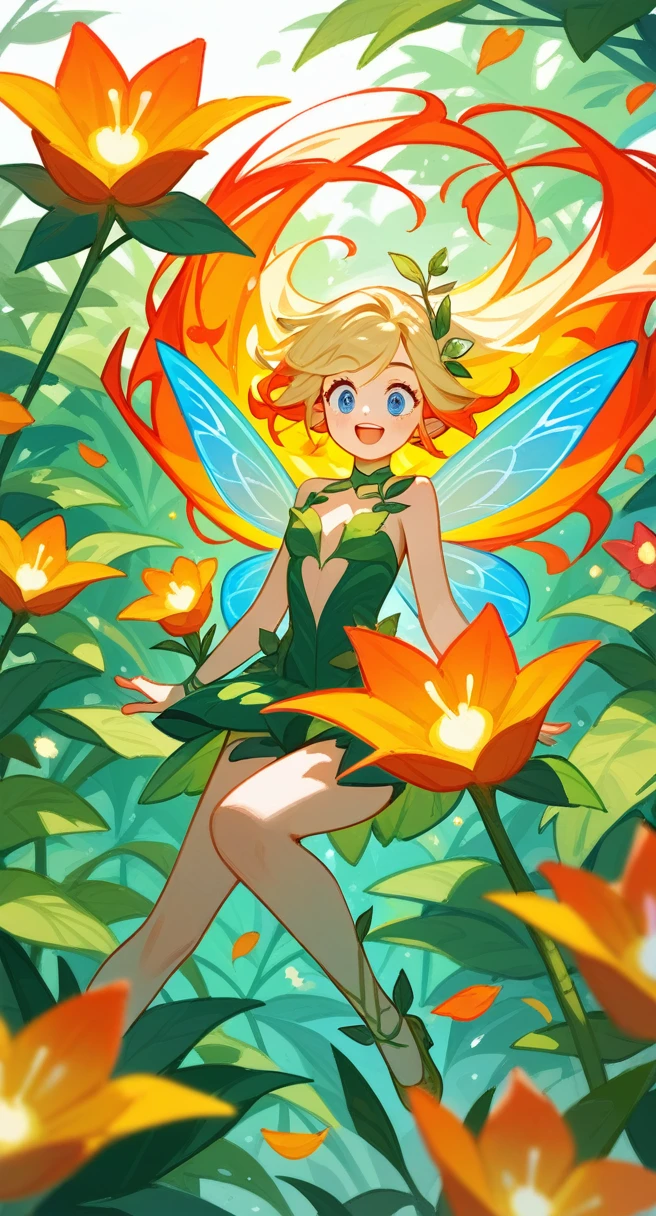A young woman with fiery red hair, smiling as she shares a piece of jerky with a beautiful fairy with long golden hair and piercing blue eyes. The fairy looks surprised but intrigued as she takes a bite. They are both surrounded by lush greenery and vibrant flowers, the air filled with the sounds of birdsong and rustling leaves.