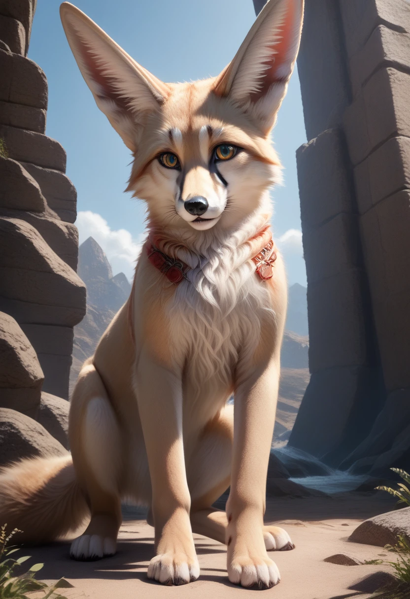 (score_9, score_8_up:1.1), score_7_ up, highly detailed, realistic, photorealistic, zPDXL, (1 girl,) slender,  , furry girl, Zara is a fennec fox girl with a slender and graceful build. Her fur is short and sandy brown, helping her blend into desert environments. Her most striking feature is her oversized ears, which are covered in soft, warm fur and have a delicate, almost translucent quality to them. Her eyes are a vibrant green, and her tail is long and fluffy, with a black tip.   , she wield medieval fantasy weapon, Staff of Magnus - Legendary staff rumored to contain fragments of Magnus himself, bestowing incredible magical abilities upon its wielder. ,  weapon, holding weapon, dynamic pose, thinking, detialed background
, masterpeice, detailed, intricated details, 8k, ultraclear , wide angle, detailed scene, detailed faces, perfect quality, tranding on artstation, incredible details , Painstaking Attention To Details , 