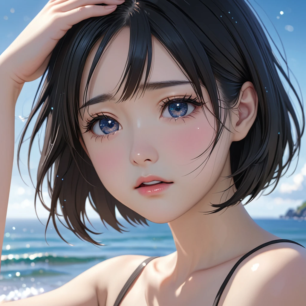 National Science Foundation,masterpiece,High resolution,8K,Art,digit,Three-dimensional,Realism,Kyoto Animation Style,your name movie style,cute,baby face,looking into camera,On the scenic seaside,(1 girl: 1.3),(alone: 1.4),Upper body nudity,Put your hands behind your head,Black hair,Long eyelashes,Slender legs,Short Bob,Close-up of upper body,Close-up,(Close up),Eyes as deep as the starry sky,Close your eyes,shy,pain,sad,sad,open mouth