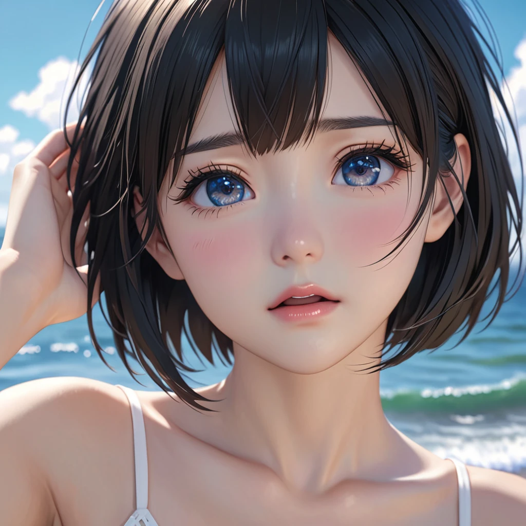 National Science Foundation,masterpiece,High resolution,8K,Art,digit,Three-dimensional,Realism,Kyoto Animation Style,your name movie style,cute,baby face,looking into camera,On the scenic seaside,(1 girl: 1.3),(alone: 1.4),Upper body nudity,Put your hands behind your head,Black hair,Long eyelashes,Slender legs,Short Bob,Close-up of upper body,Close-up,(Close up),Eyes as deep as the starry sky,Close your eyes,shy,pain,sad,sad,open mouth