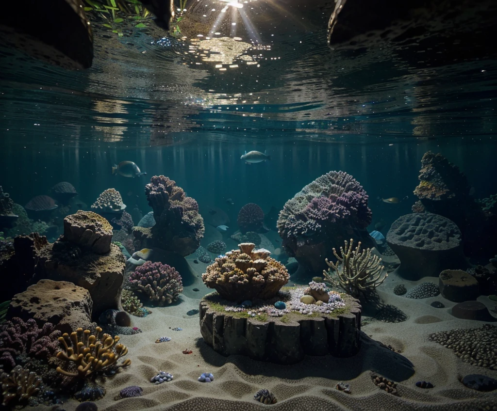The whole image is in vivid colors and elements that occupy spaces, a light shines from the depths of the sea and there you can see magnificent fish and wonderful animals that live only deep in the depths of the sea that swim together as well as mountains and hills with rich sea plants across the entire width of the image from below on the horizon line the great light that shines towards the viewer and illuminates everything with the light of the preciousness of all the elements There are combinations of many small and delicate beads in a variety of colors, shapes and sizes
