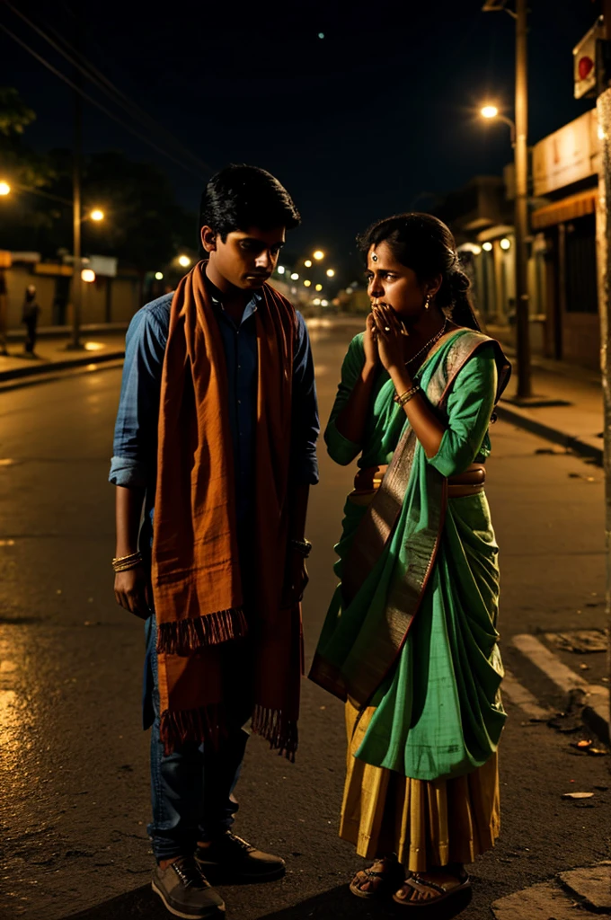 Create an image of an indian boy ang girl crying under street lights in a cinematic way