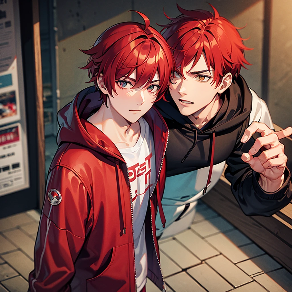 One cool-looking guy with messy red hair wearing a hoodie