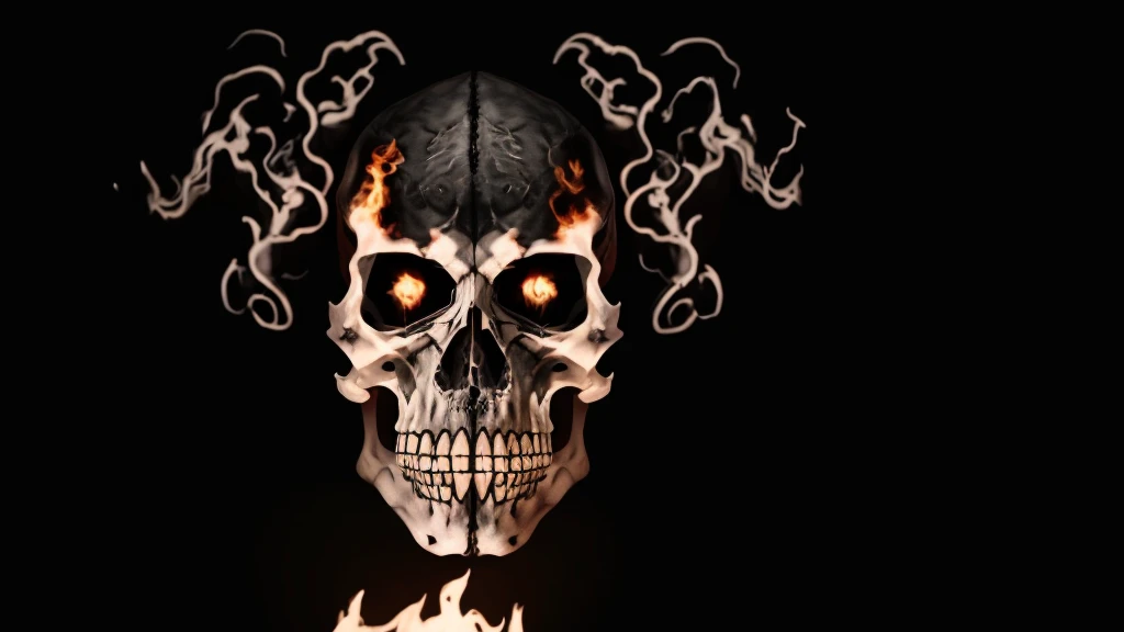 skullish, fire, black backdrop, sin humanos, portrait, horor, black and white
