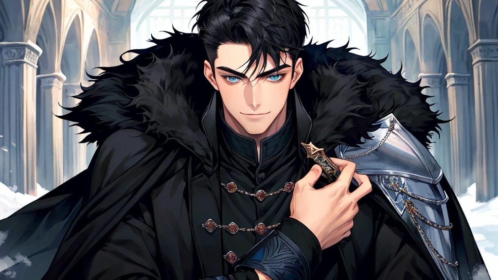 Masterpiece, Highest quality, Heavy snow, Cold Weather, realistic, 1 person, mature man, A quiet and charming young man, 30 years old, smile, gag, Portrait, Highly detailed face, 寒さとsmile, ((blue eyes)), ((black short hair)), [Thick eyebrows], dark palace, ((black long coat)), ((all black)), (blue eyes) ,Short Black Quiff Hair with Soft Fringe, handsome , muscle, Facial expressions, Black Knight Armor , black fur shawl(Masterpiece,best quality,special, (Broad shoulders)) (muscle), male focus, Hand holding a long sword,black two handed sword, His black sword rose high., Face gigantic and terrifying monsters.. Describe the man&#39;s appearance., Details of his sword, Characteristics and characteristics of monsters, and convey the tension and power of the encounter.."