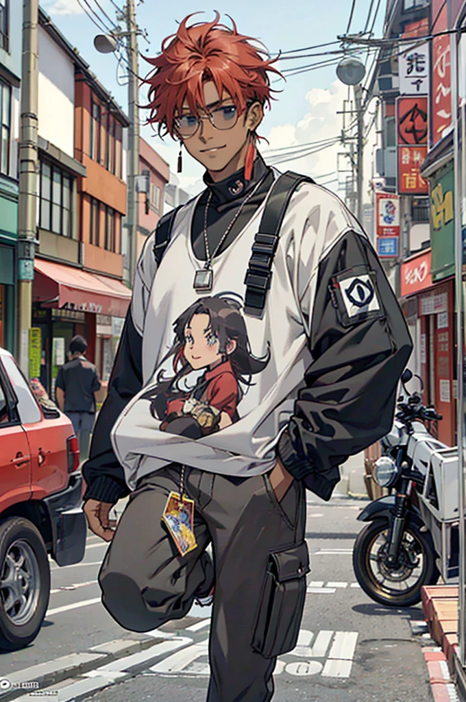 ((Work of art)), ((2000s anime style)), ((Very detailed)), ((4K)), 1 man, dark skin, American style hair, red hair color, has a goatee, wears earrings , wears round sunglasses, wearing a black car pilot's jacket, baggy black pants, baggy pants, riding a motorcycle, smiling in the corner, dynamic camera, night time, Tokyo city.