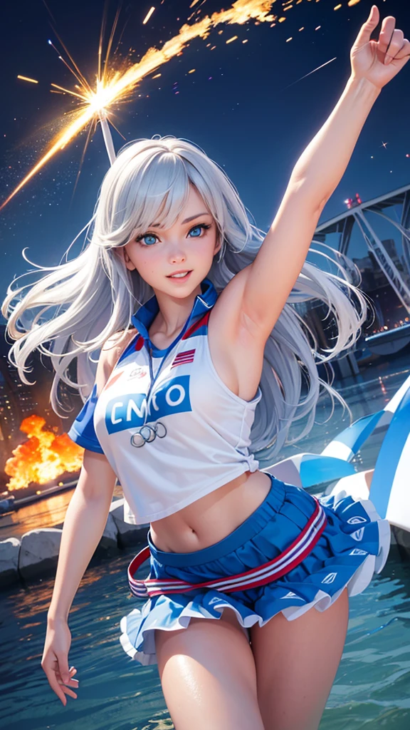 Create a hyper-realistic 3D image of a beautiful blue-eyed woman, sonrriendo ,cool dynamic poses,with a trout with the colors of the French flag, with the torch lit and the Olympic rings in the background, the image must be perfectly detailed apply HDMI technologies, 300PPP , full definition ,