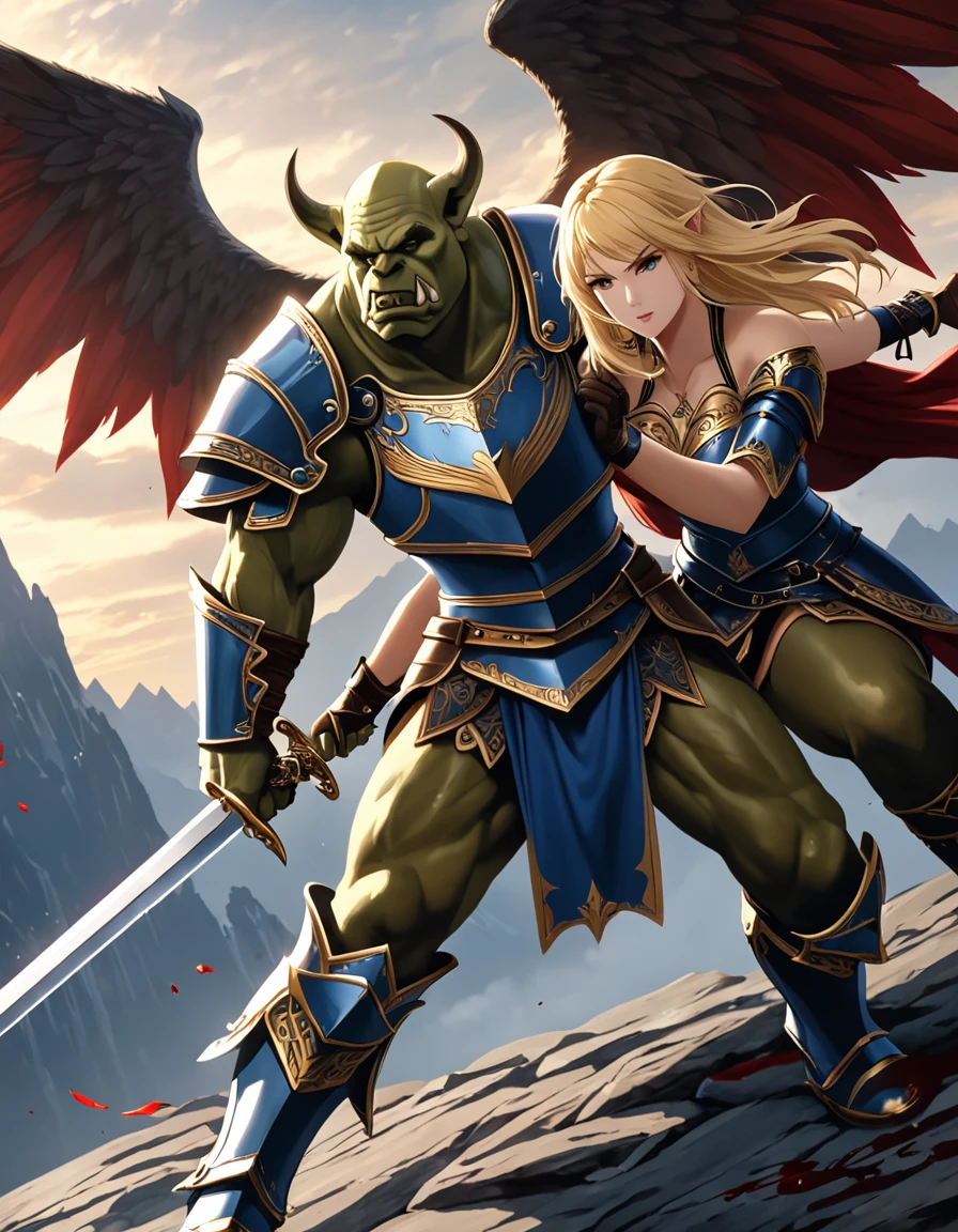 Masterpiece, 4k, angle female warrior, beautiful woman, stabbing an orc with a sword, long blonde hair, halo, blue and gold armor, wings, blood