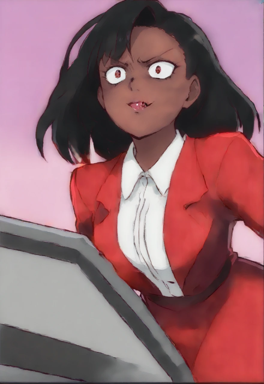 Make a evil black anime woman in a red and black dress