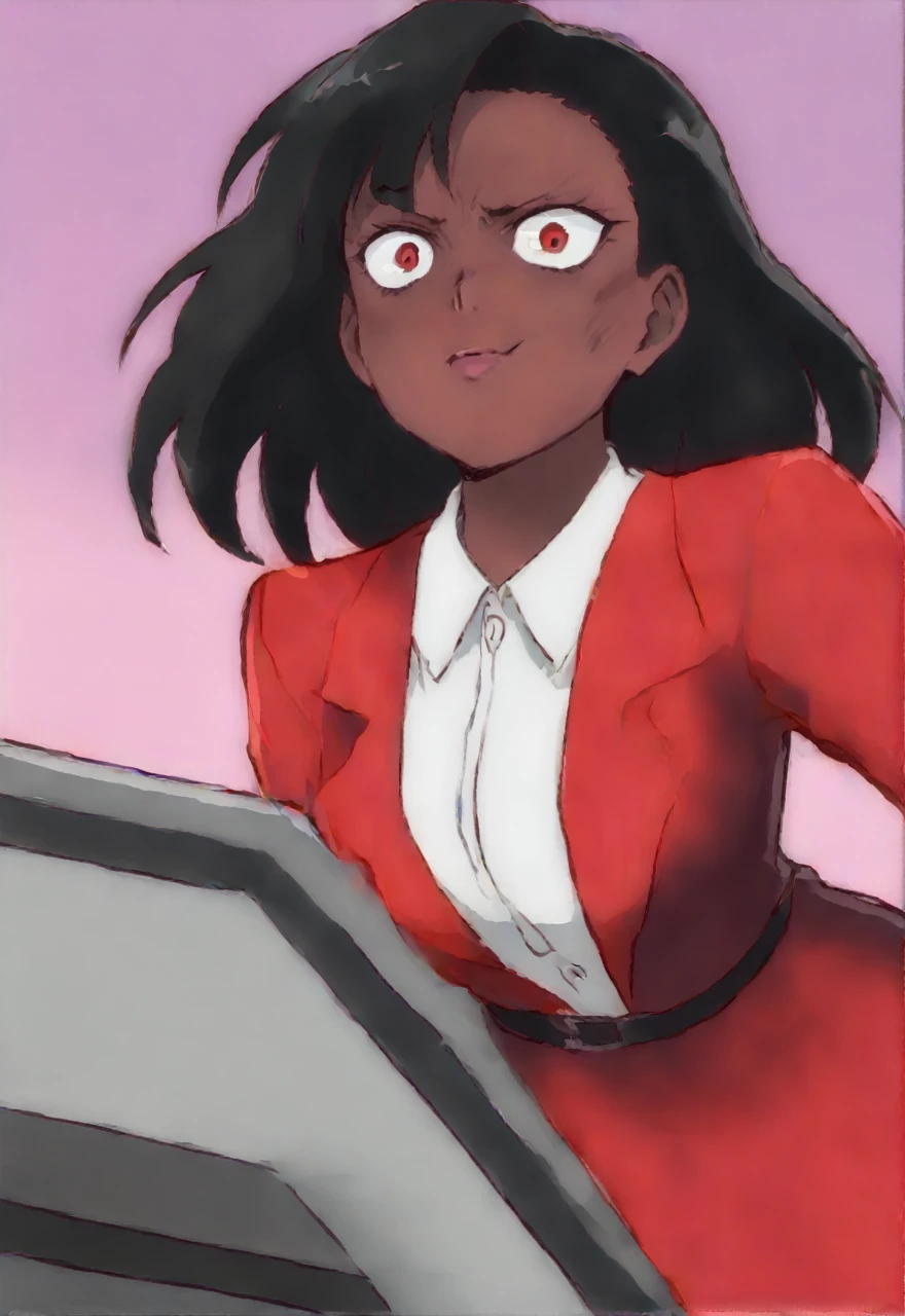 Make a evil black anime woman in a red and black dress