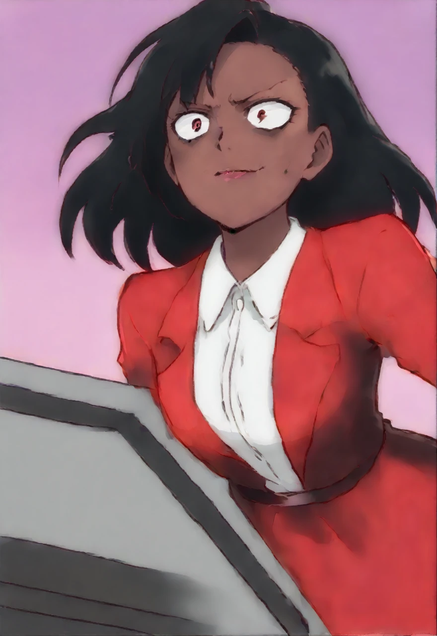 Make a evil black anime woman in a red and black dress