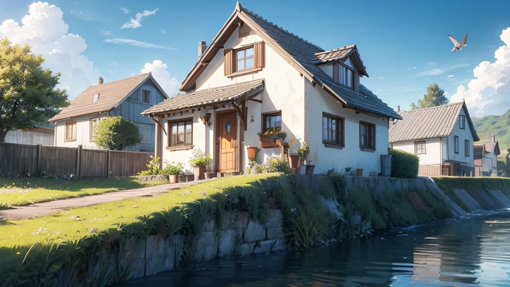 a magical scene of a simple house with flower pots nearby, on top of a hill on the edge of a river. Sunny sky and distant birds flying.