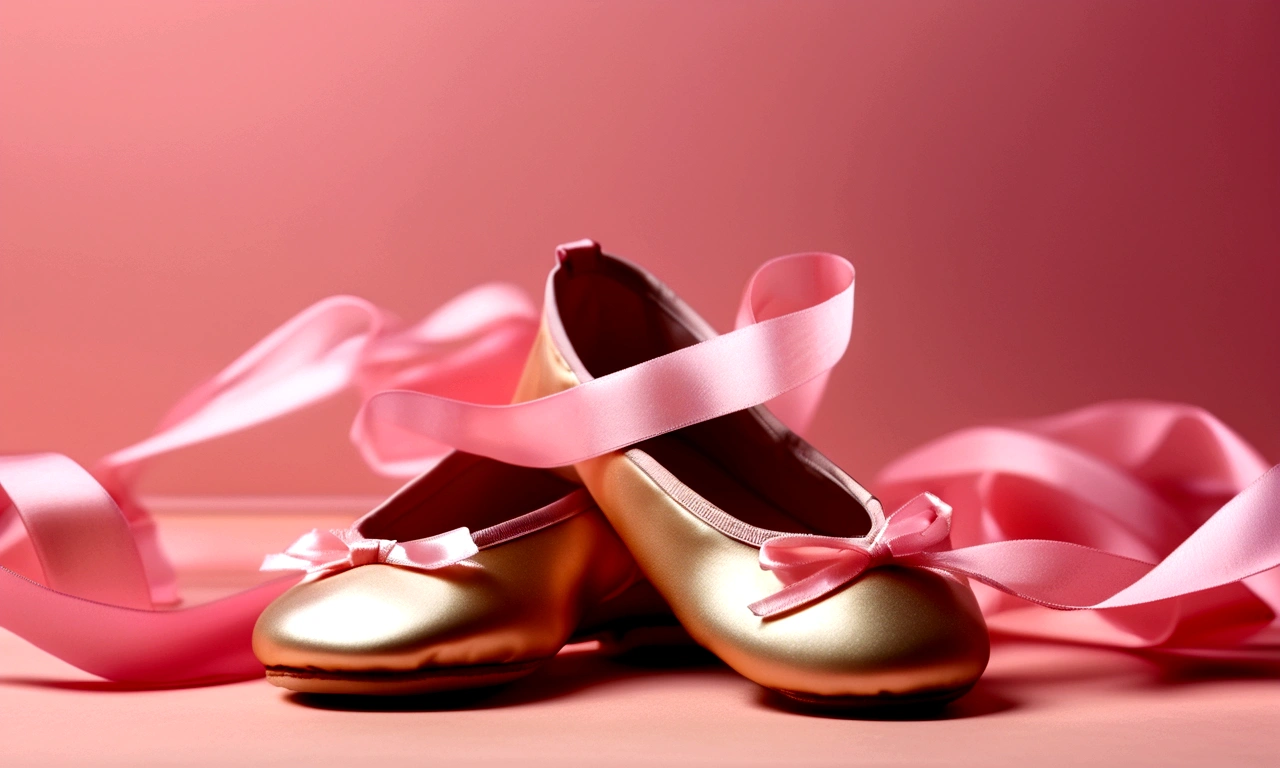 Banner graph；poster；A pair of tiny ballet shoes，Wrapped in a pink ribbon；Ribbons fill the screen；dream，mystery；Big scene；Golden pink hue。Low saturation；Background pure，Simplicity。Large blank space in the center。