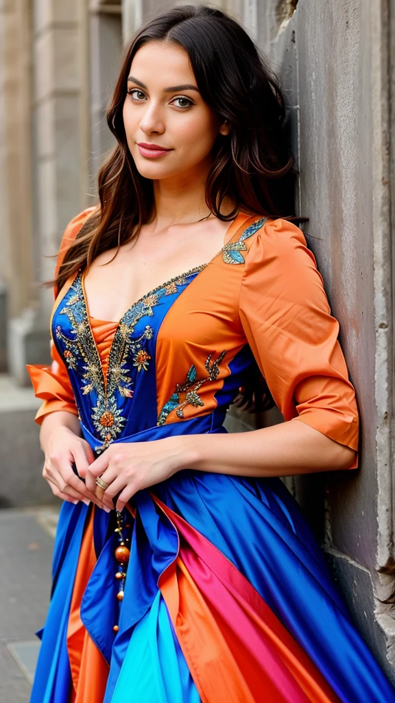 hyper realistic, a close up of a woman in a colorful dress leaning against a wall, beautiful dress, fantasy dress, extravagant dress, magical dress, stunning dress, dressed beautiful gown, gorgeous colors, stunning colors, wearing a magnificent dress, colorful dress, beautiful gown, blue and orange, beautiful and colorful, long flowing intricate dress, beautiful detailed dress, blue and orange tones