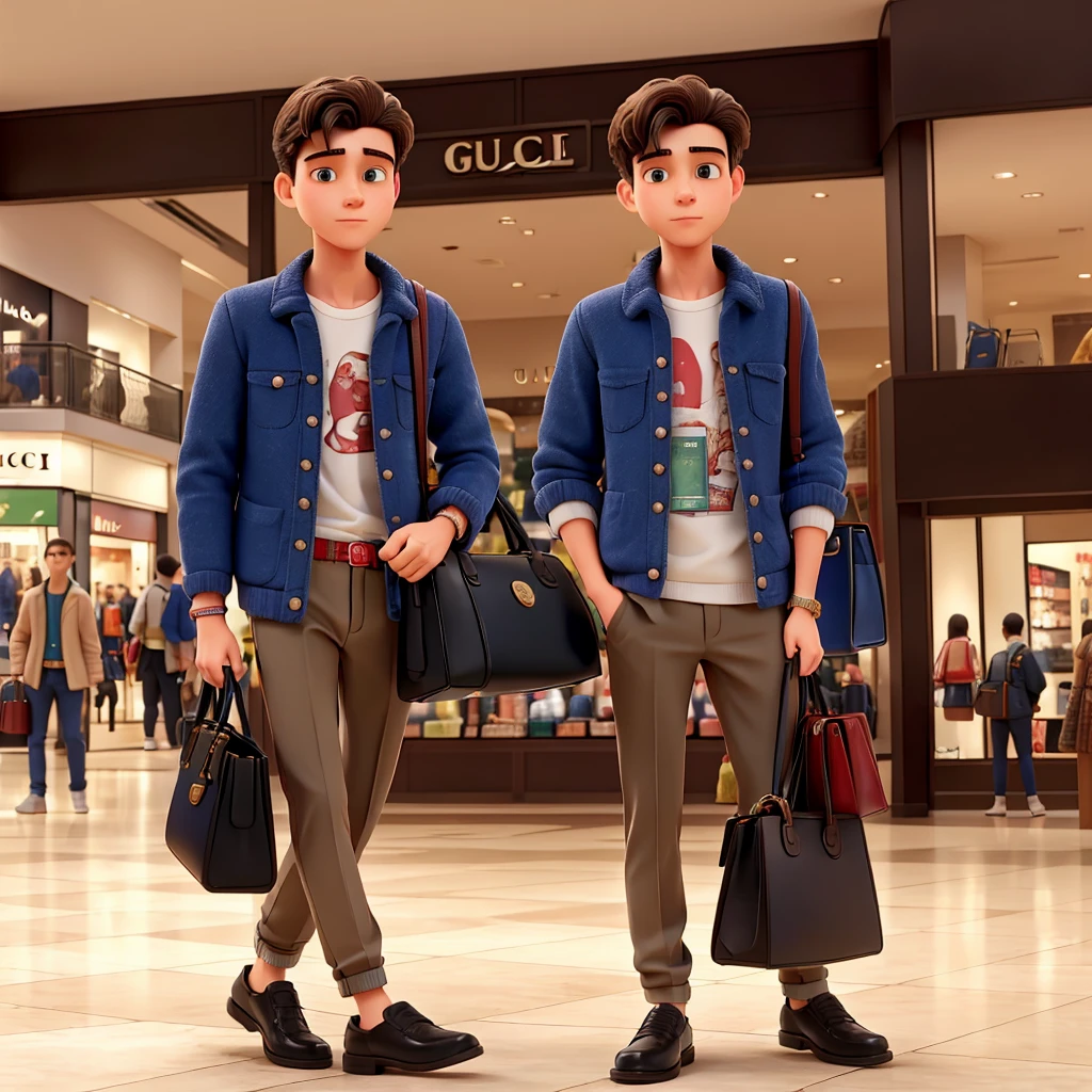 A guy at the mall buying Gucci clothes with a bag full of money