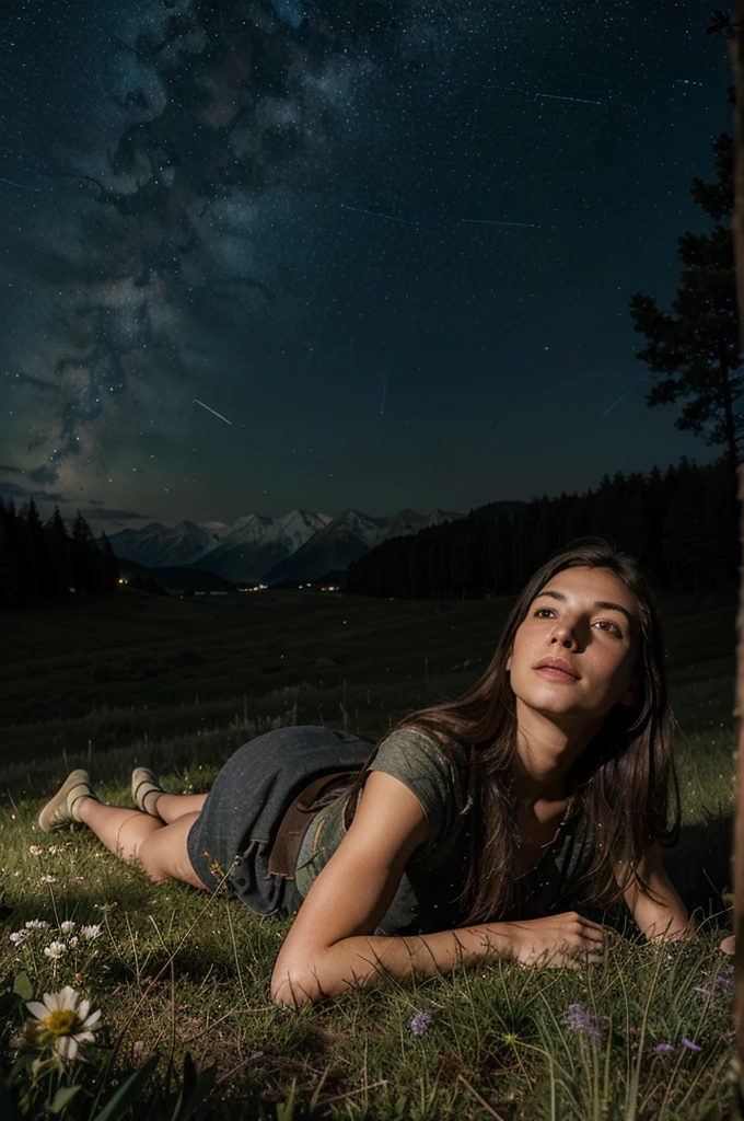 Starry sky over a beautiful meadow and a young adventurer lying on his giant wolf while watching the stars