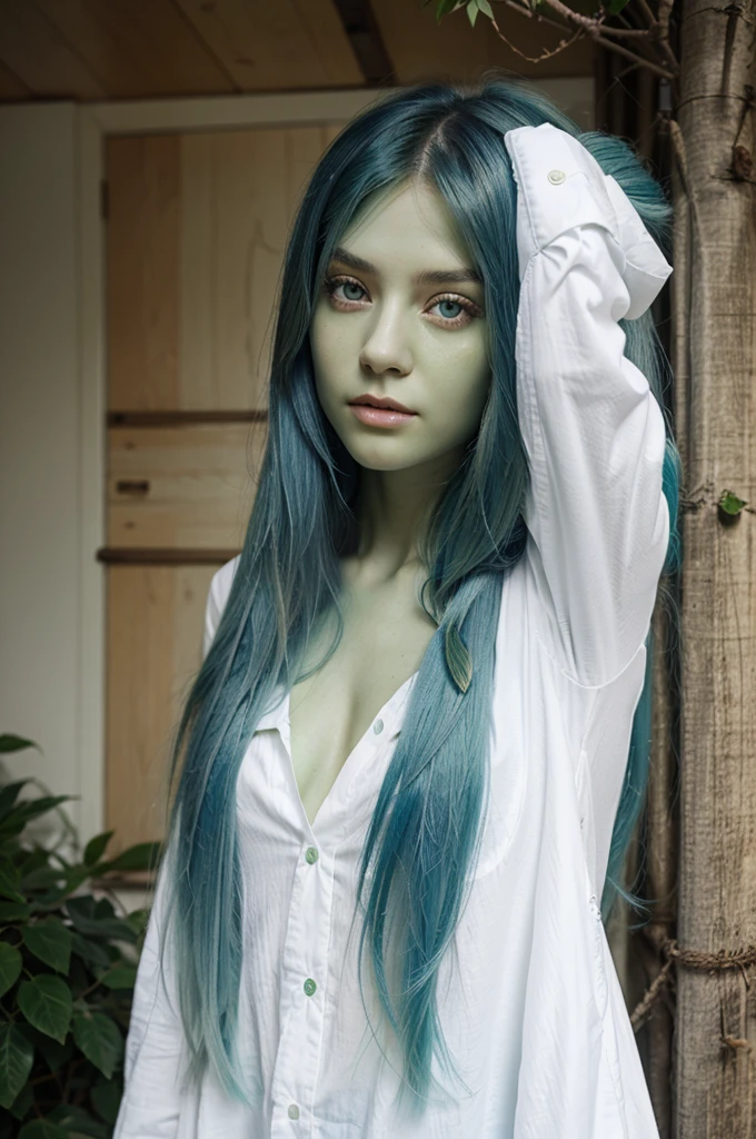 Girl,long blue hair,green skin,green eye,take a white clothes