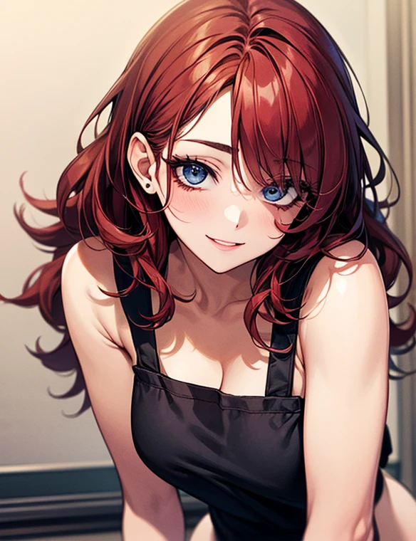 Masterpiece,Highest quality,8K,Ultra-high resolution,appropriate margins,Fits on camera,BREAK,1 person,Very beautiful adult woman,Slim body,Very large breasts,BREAK,Red Hair,mascara,Red eyeliner,Light pink lip,Thick upper eyelashes,Thin eyebrows,BREAK,Blue eyes,BREAK,Embarrassed,Shy smile,BREAK,Long Hair,Wearing hair in one ear,Ragged hair,BREAK,Naked Apron,BREAK,Eyes meet
