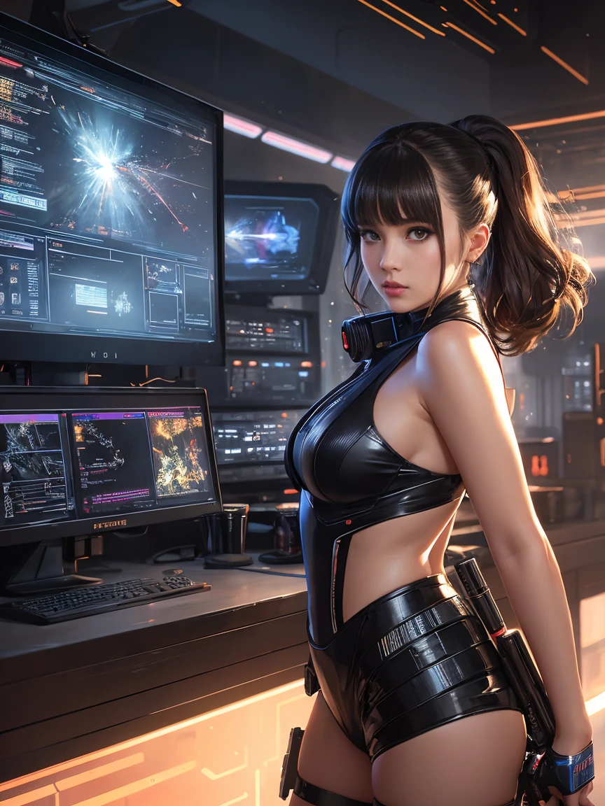 create a korean woman,height of 1.6 meters,holding tablet in hands,highly realistic woman,very detailed,ultra-detailed,ultra-realistic,low-cut swimwear,wet clothing,body with water droplets,,silk roua,sexy,seductive pose,white clothes,visible curves,ultra-realistic fabric textures,detailed and ultra-realistic hands,realistic face,ultra-detailed face,black hair, standing in a server room, realistic data center, pace in server room, in futuristic lab room, in detailed data center,high detail, modern, drop shadow, cinematic lighting, high details, high quality, best quality,detailed skin,detailed eyes,complex makeup,realistic texture --auto --s2