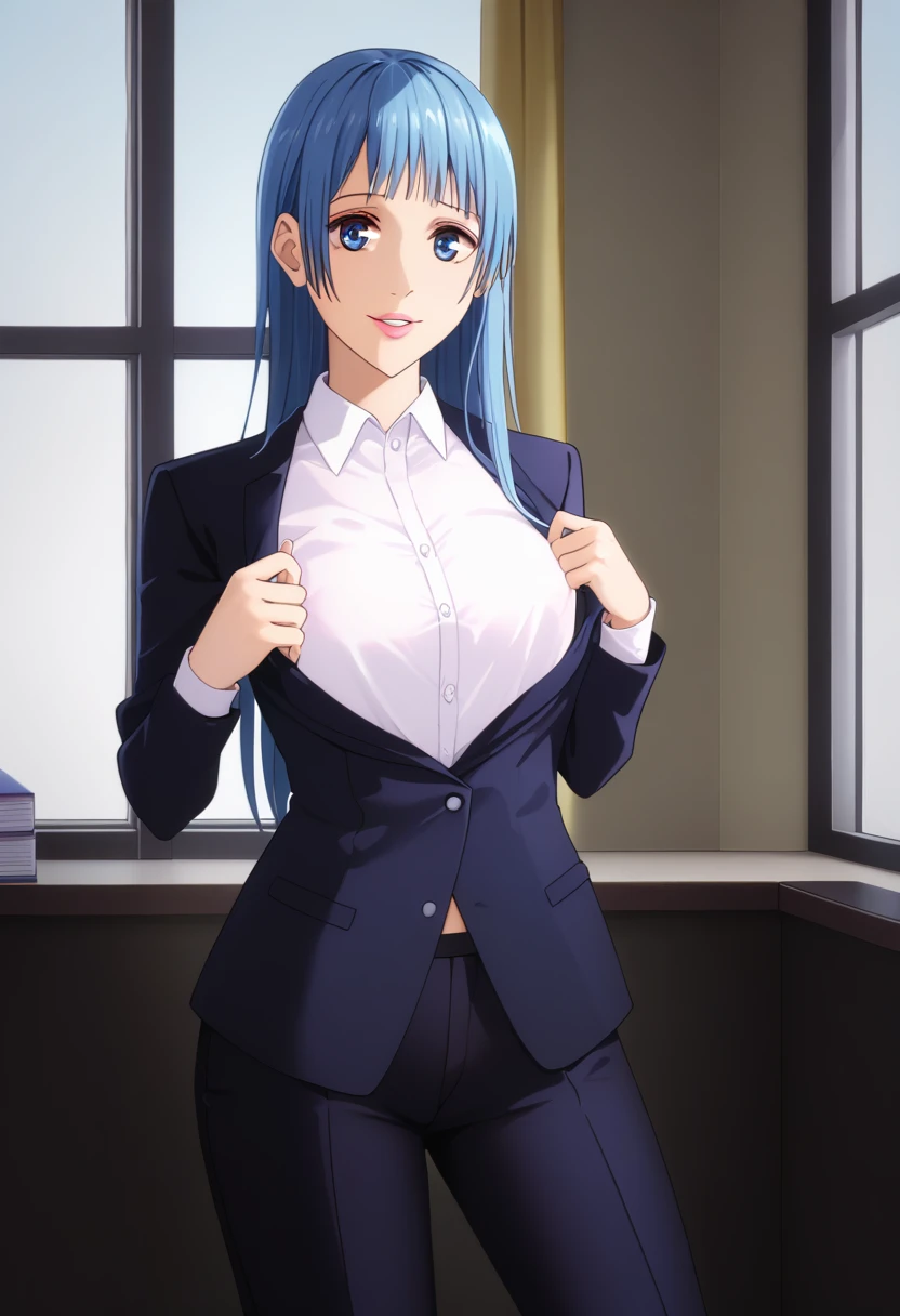 score_9_up, score_8_up, score_7_up, 1girl, solo, mature female, Miwa, (((long blue bang hair))), blue eyes, pink lips, parted lips, fit slim body, perfect medium erected breast, (((black blazer, white shirt, black pants))), (((higly detailed modern luxury office with panoramic windows))), looking at the viewer, perfect model body, shy smile, seductive pose