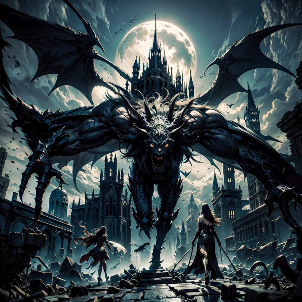 A gigantic monstrous witch crossing the rubble gothic city, some demons flying behind her