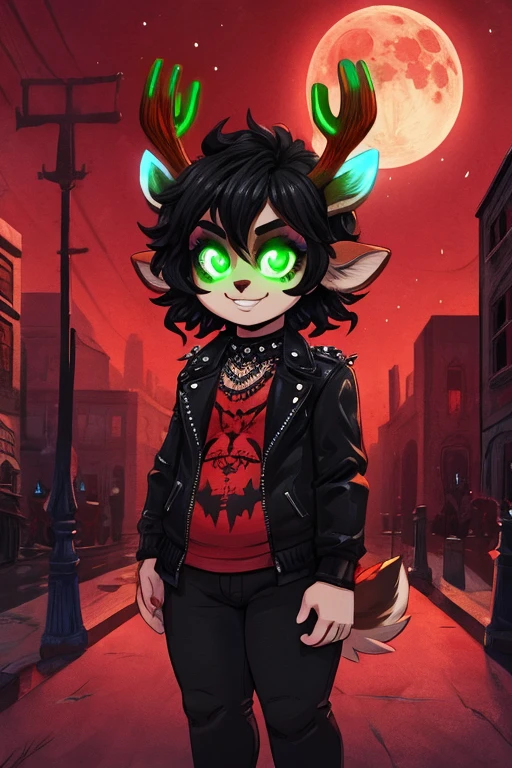 Cute, deer boy, small deer antlers, innocent, chubby, fat, big thighs, androgynous, femboy, short curly hair, black hair, fawn spots, freakles, ((cute)), smiling, walking in a big bustling city, wearing goth clothes, goth makeup, black and red color scheme, punk jacket, young, cartoony, adorable, deer tail, toxic neon green eyes, glowing eyes, red sky, magic, evil, evil powers, glowing eyes, glowing antlers, green glowing antlers dark sky, red sky, nught, blood moon,