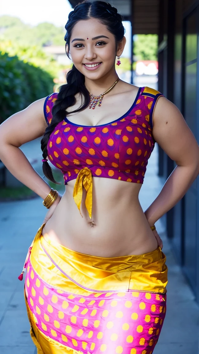 HD wallpaper 32k cinematic shoot of a Beautiful cute girl, with thick thighs and a curvy waist, twin braids,  wearing an Indian blouse top, horny, seductively, in a school corridor, dotted blouse top, smiling, ((long curvy waist)), ((lowwaist)), ((curvy waist))