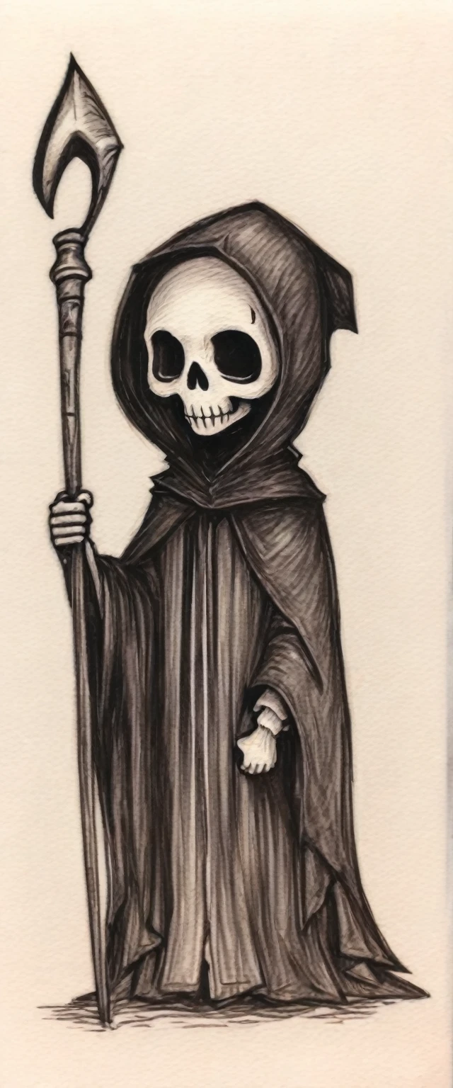 Very simple, rough sketch, crayon drawing, solo portrait, very cute, adorable, big eyes, adorable skull figure, chibi, Grim_Reaper, hooded cloak, black robe, holding a scythe, cemetery, graveyard, halloween, midnight, pumpkins, bones, dark, black magic, scary, haunted, horror