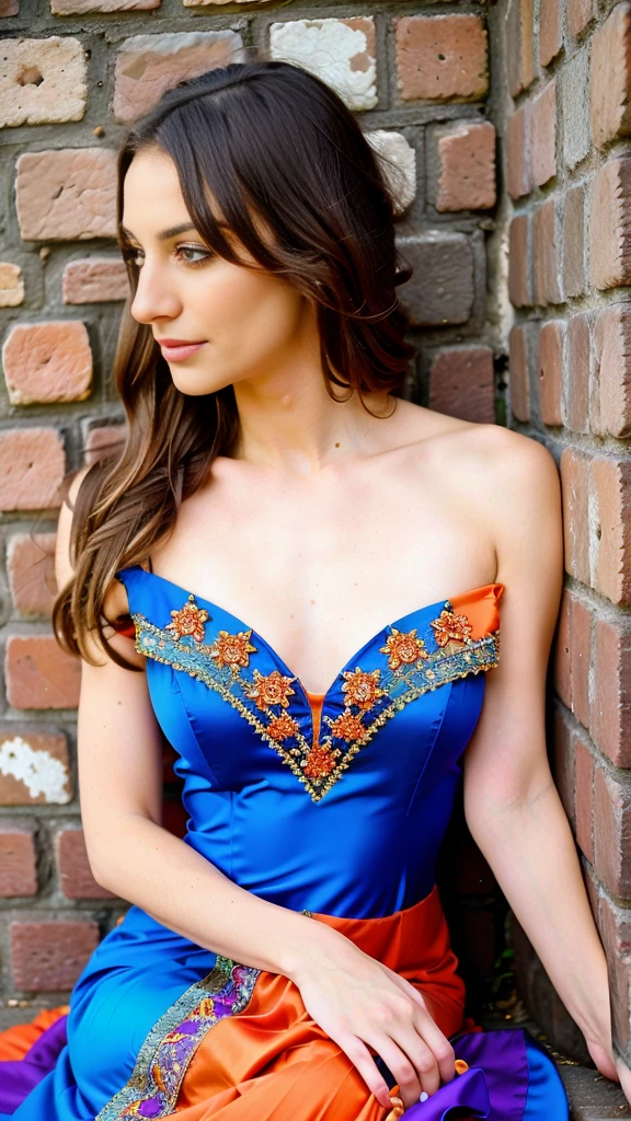 hyper realistic, a close up of a woman in a colorful dress leaning against a wall, beautiful dress, fantasy dress, extravagant dress, magical dress, stunning dress, dressed beautiful gown, gorgeous colors, stunning colors, wearing a magnificent dress, colorful dress, beautiful gown, blue and orange, beautiful and colorful, long flowing intricate dress, beautiful detailed dress, blue and orange tones