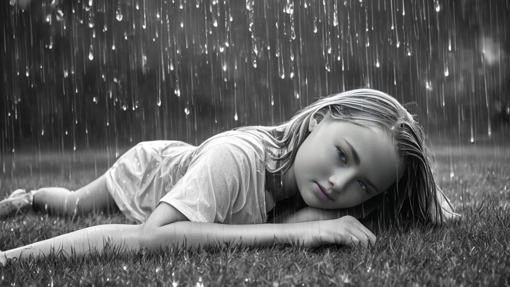 a girl yo american blonde laying on the grass in the rain with a b/w magazine, perfect movie shot, raining outside, under rain, from a movie scene, rainy wet, after rain and no girls, rain!!!!, in the rain, rainy outside, very realistic film still, rainy day outside, rainy afternoon, raining!, iconic shot, carnal ) wet, in a rainy environment