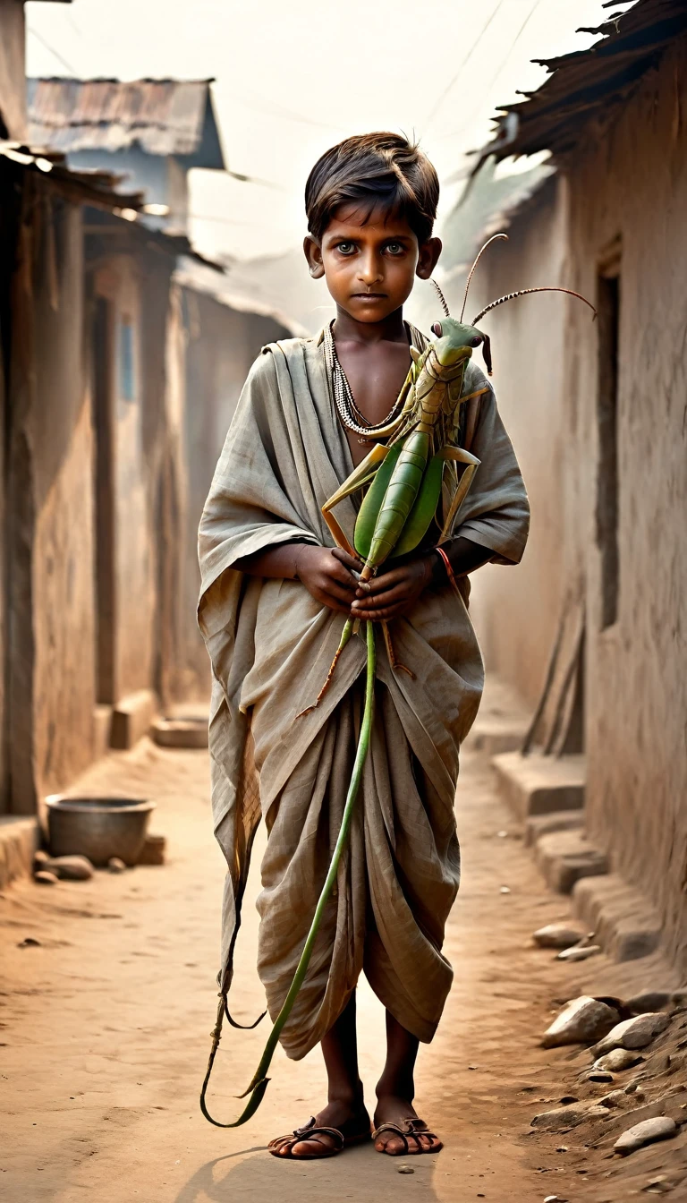 100 years back, A young boy, Indian village attire stands in a dusty street, holding a giant grasshopper in his small hands.