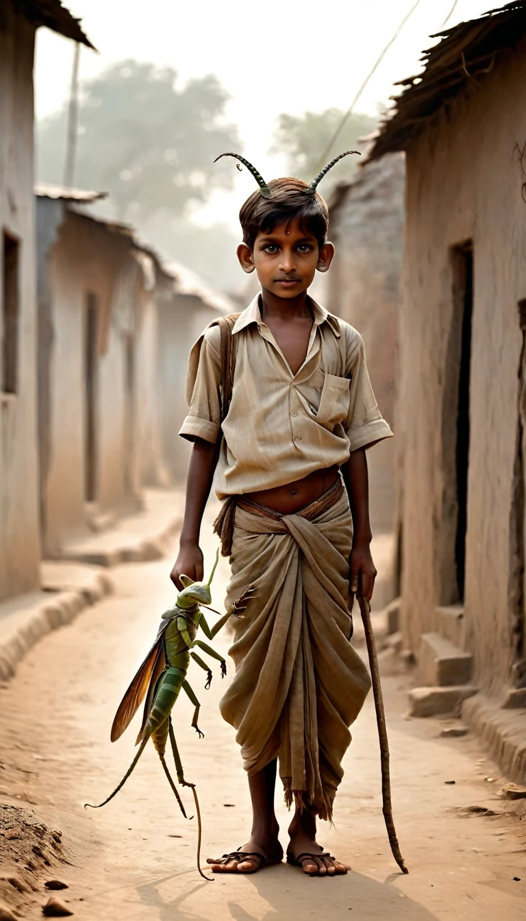 100 years back, A young boy, Indian village attire stands in a dusty street, holding a giant grasshopper in his small hands. 