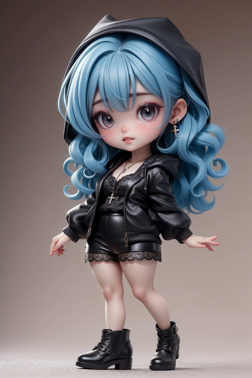 work of art, best qualityer,8K,offcial art, ultra high resolution,
1 girl,chibi, female , standing alone, whole body, gazing at viewer,
jewerly, aretes,
ssmile, hair blue, shorth hair, blush,
pencil skirt, booties, shorts, black shoes, black shorts, long sleeves, Black jacke, hooded cloak, cross lace shoes,
grey-eyed, teeths, wavy hair, chemise, tatoo,