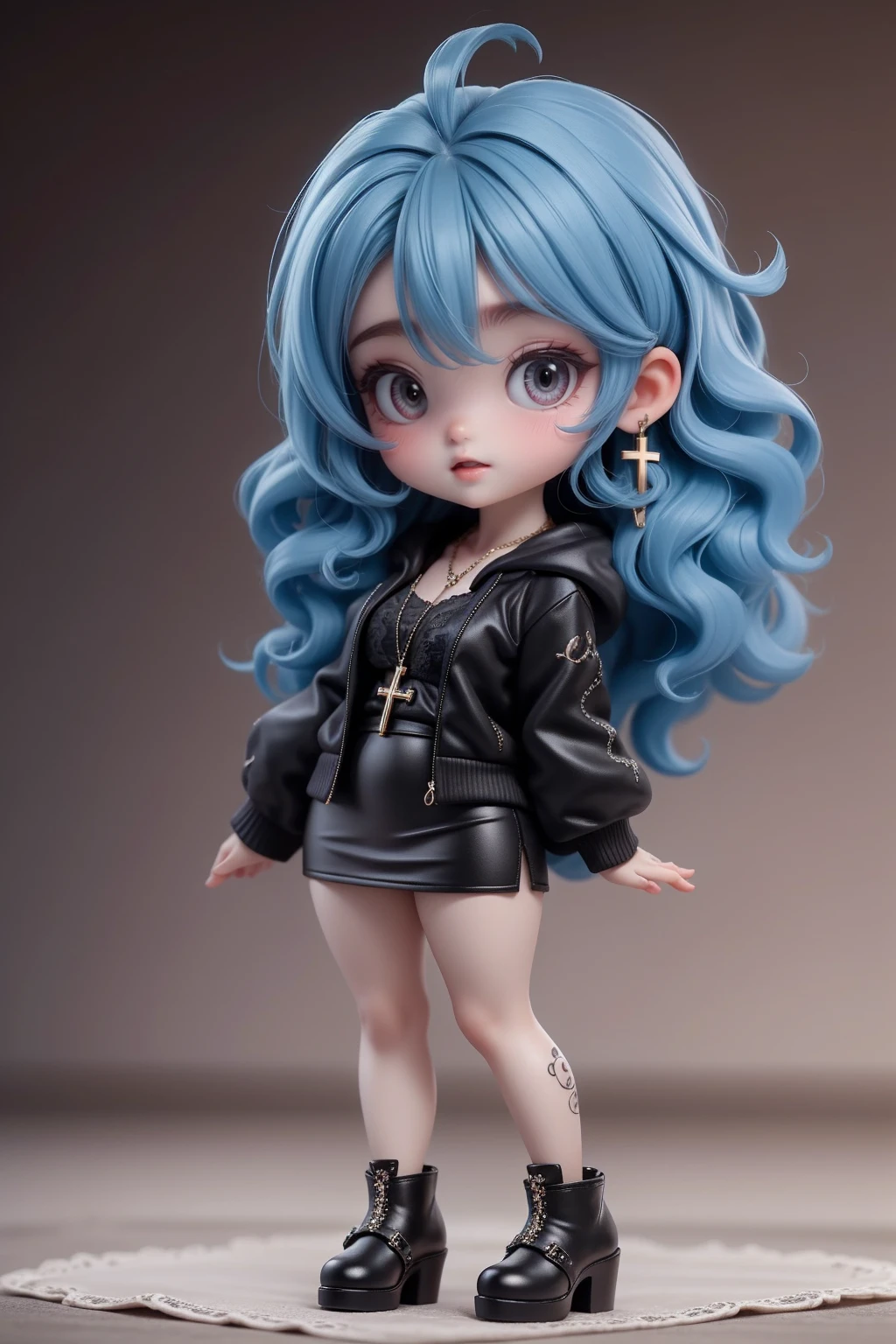 work of art, best qualityer,8K,offcial art, ultra high resolution,

1 girl,chibi, female , standing alone, whole body, gazing at viewer,
jewerly, aretes,
ssmile, hair blue, shorth hair, blush,
pencil skirt, booties, shorts, black shoes, black shorts, long sleeves, Black jacke, hooded cloak, cross lace shoes,
grey-eyed, teeths, wavy hair, chemise, tatoo,